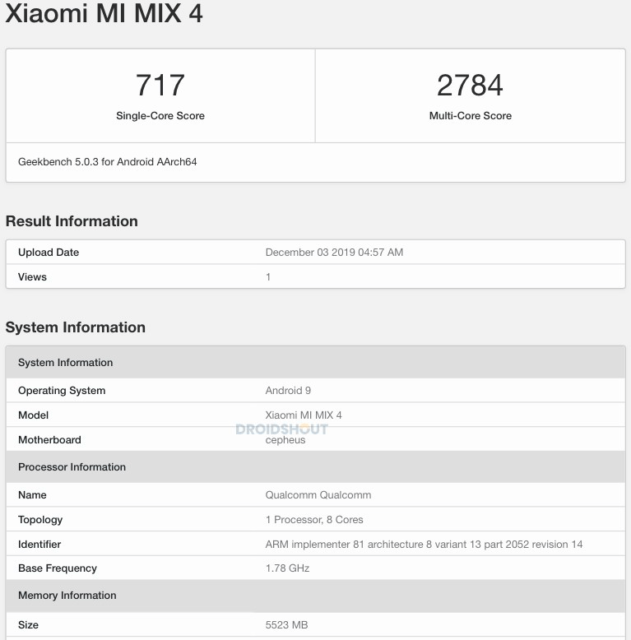 Xiaomi Mi Mix 4 Geekbench