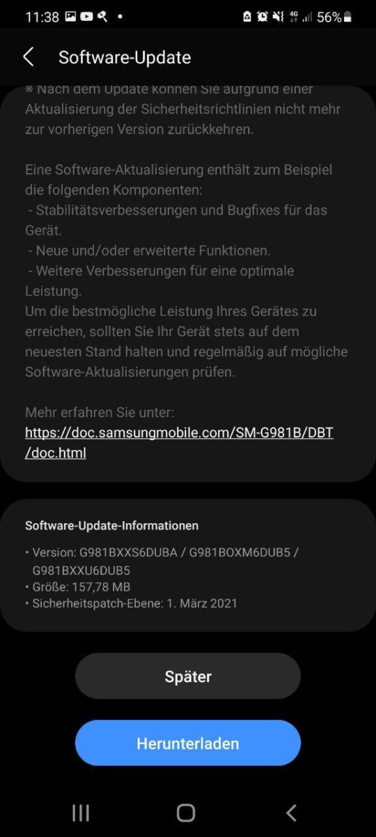 Samsung Galaxy S20 März 2021 Patch