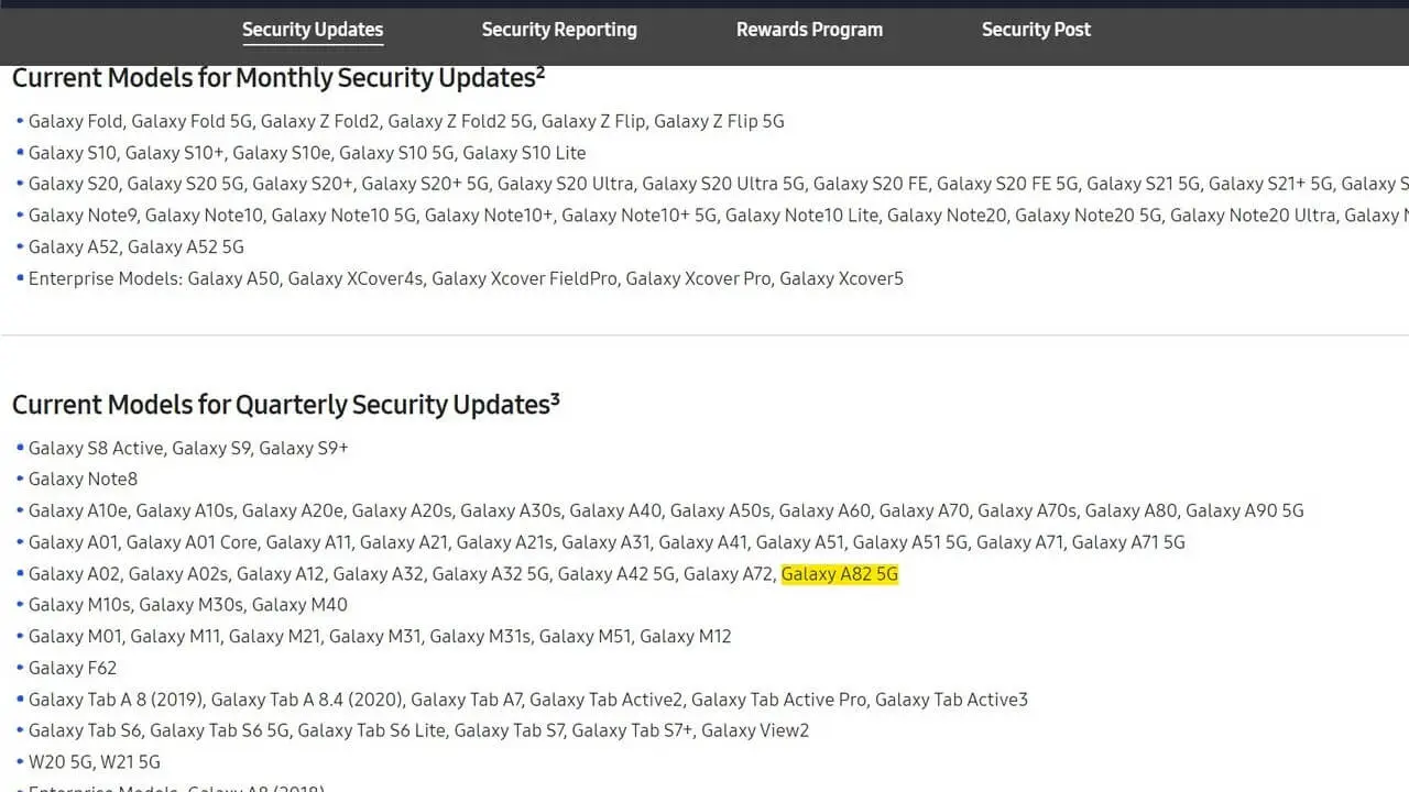 Samsung Galaxy A82 5G quarterly Updates Schedule