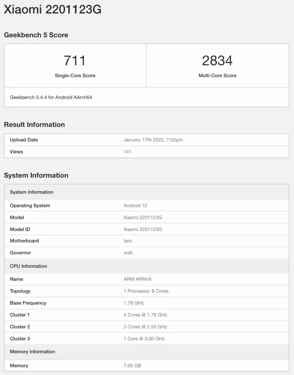 Xiaomi 12 Global Geekbench