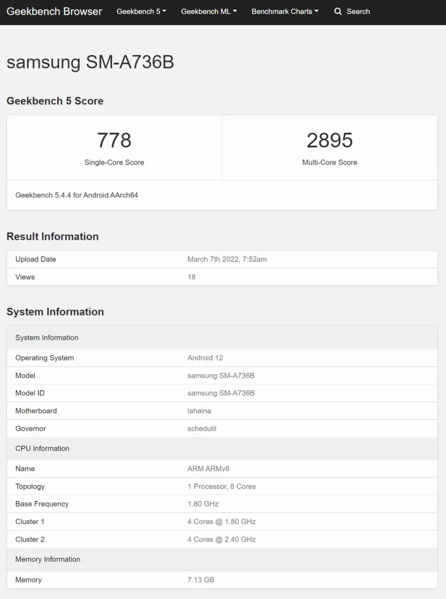 Samsung Galaxy A73 5G GeekBench