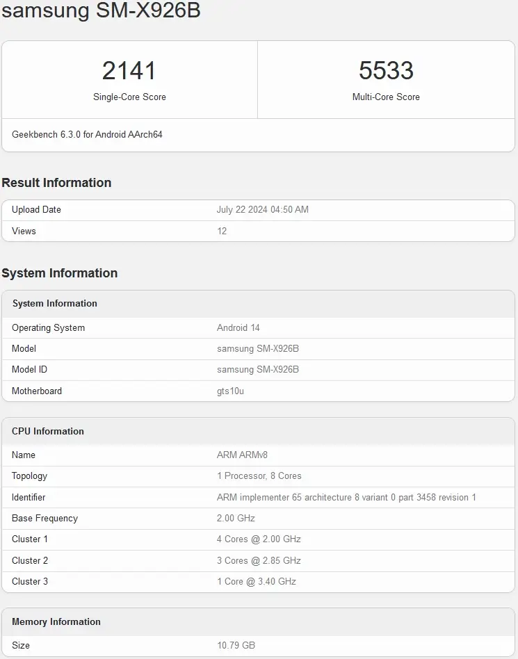 Samsung Galaxy Tab S10 Ultra Geekbench