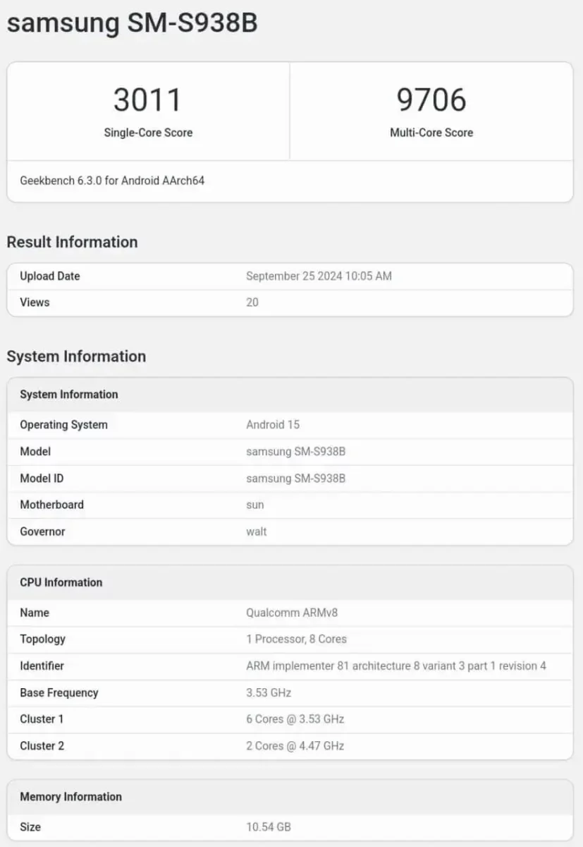 Samsung Galaxy S25 Ultra Snapdragon 8 Gen 4 for Galaxy Geekbench