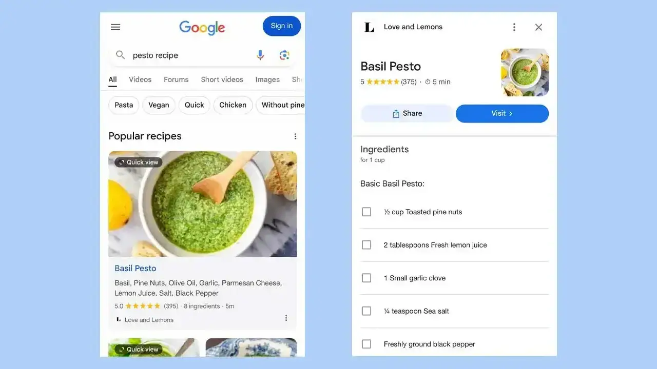 Google Search Recipe Quick View