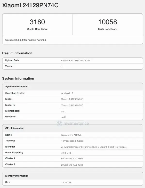 Xiaomi 15 Geekbench