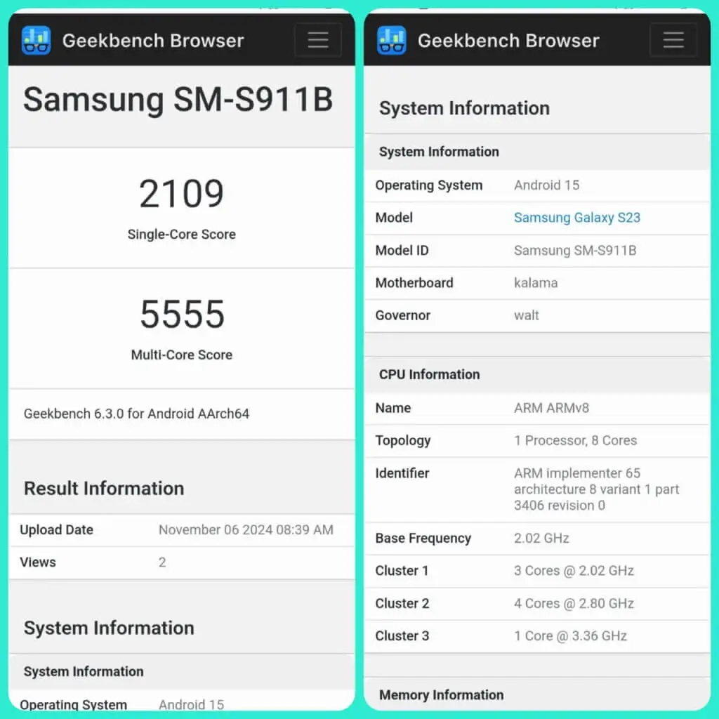 Samsung Galaxy S23 One UI 7 Geekbench