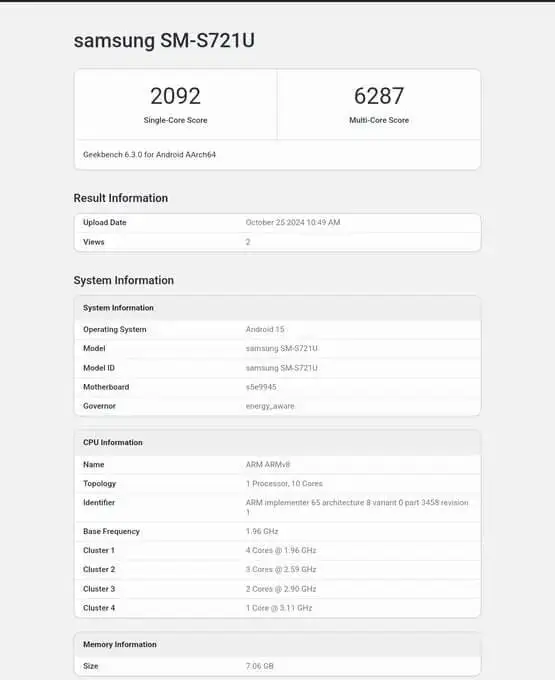 Samsung Galaxy S24 FE One UI 7.0 Geekbench