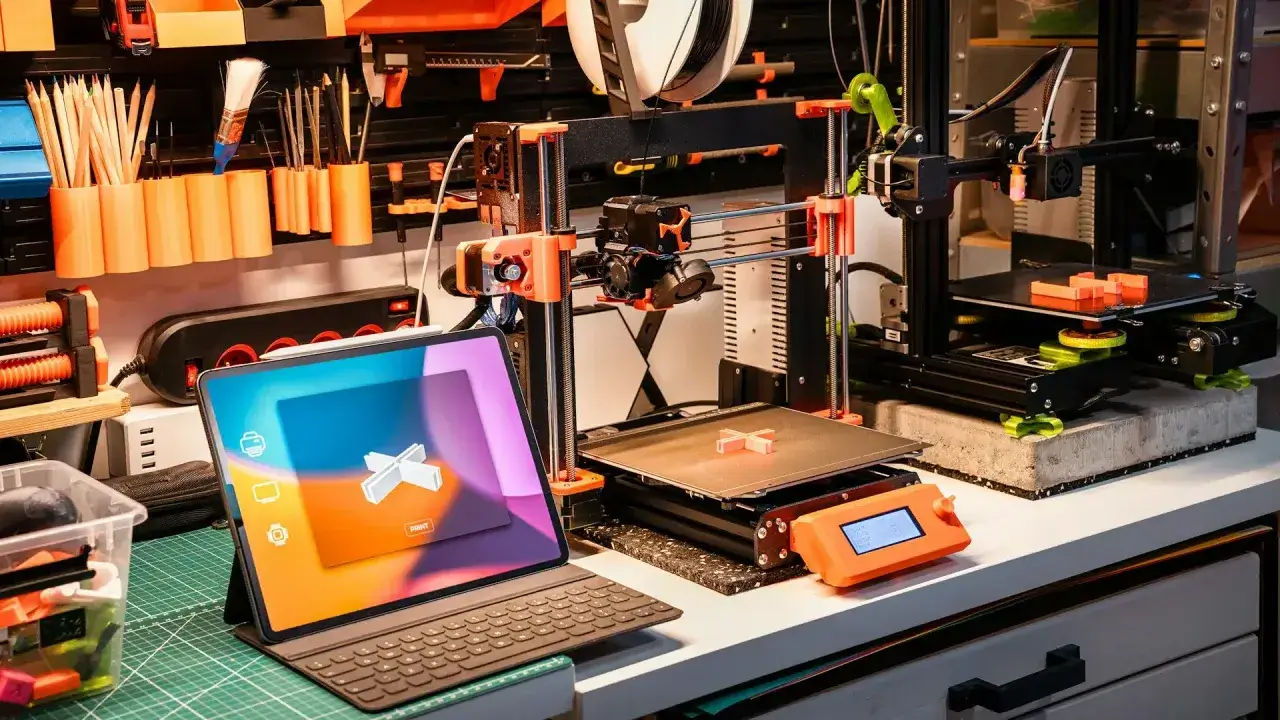 Laptop auf dem Schreibtisch mit 3D-Drucker