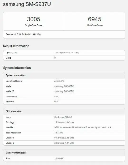 Samsung Galaxy S25 Slim Geekbench