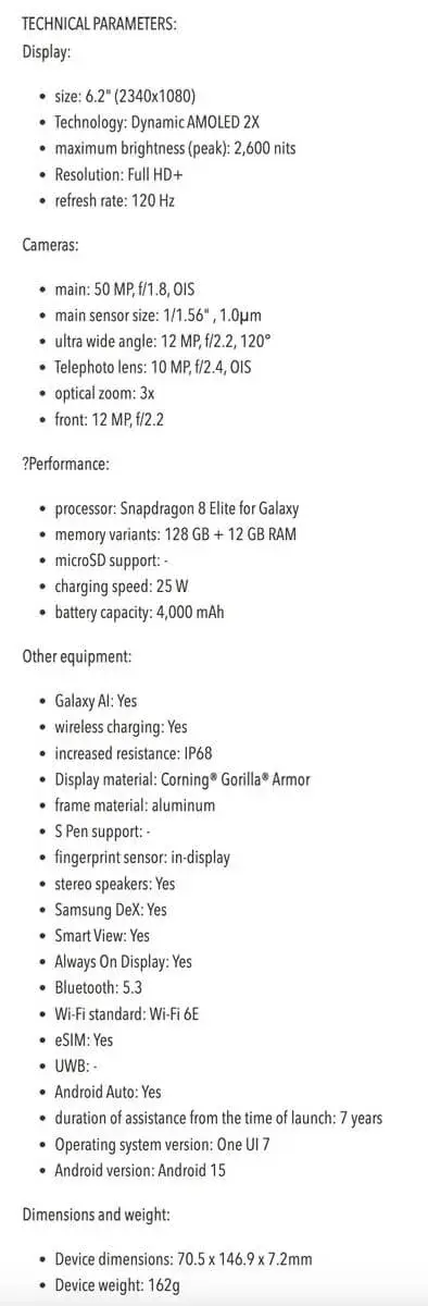 Samsung Galaxy S25 Datenblatt