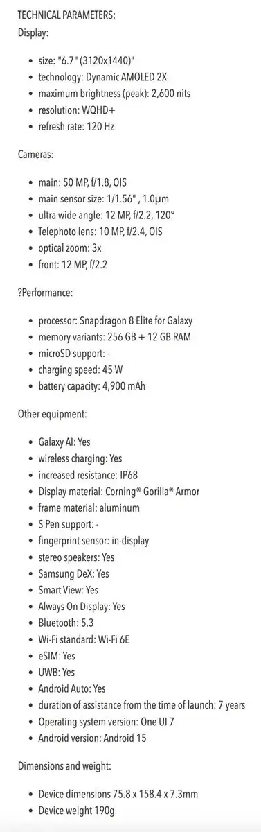 Samsung Galaxy S25+ Datenblatt